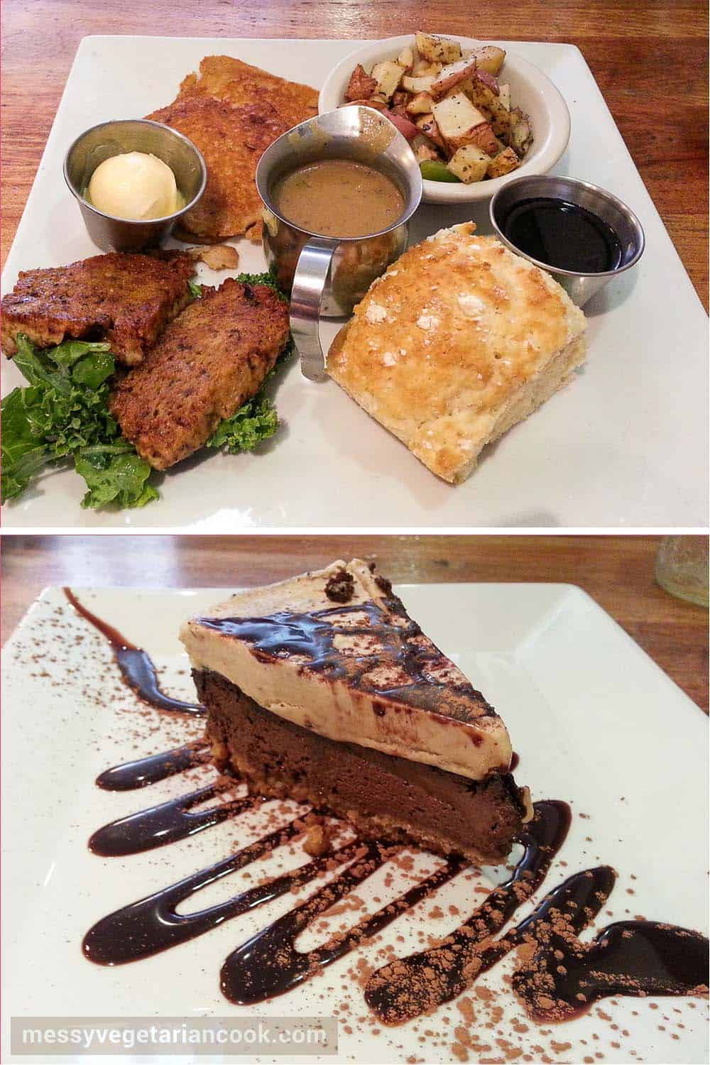 Biscuits and Gravy and chocolate peanut butter cheesecake at Flore Vegan