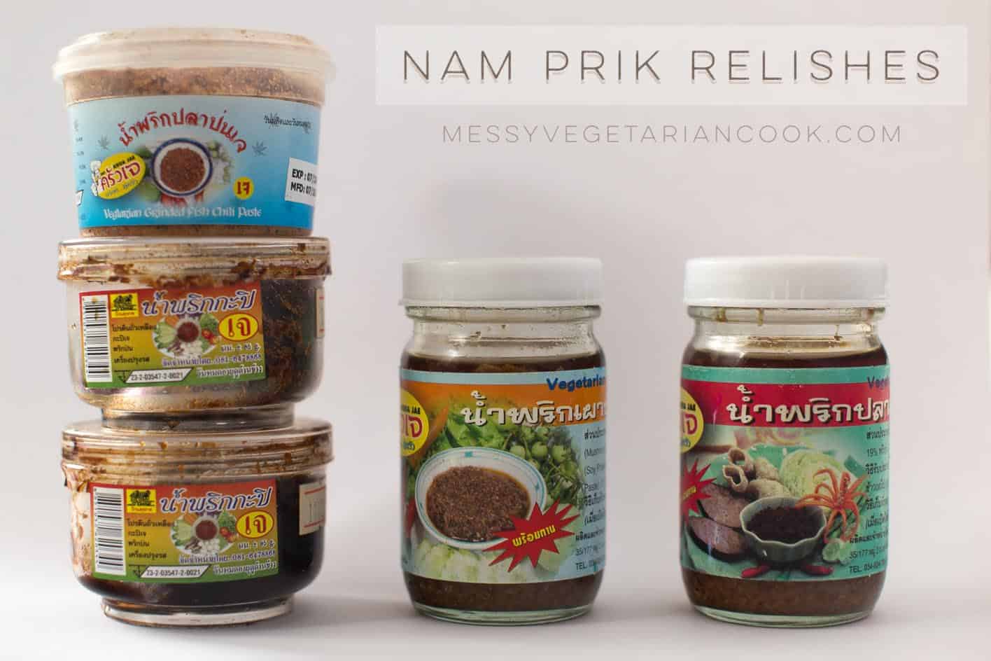 Various nam prik from vegetarian markets in Thailand