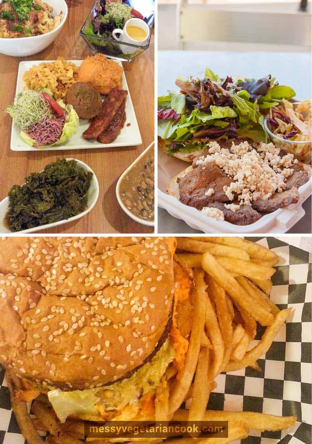 Soul food platter and enchilada pie from Stuff I Eat, burger from Seed Kitchen, vegan big mac from Doomies