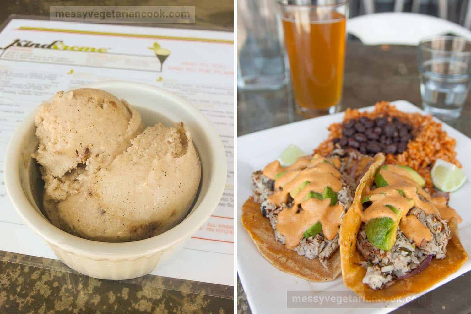 KindKreme ice cream and fish tacos from Sage Organic Vegan Bistro in Culver City