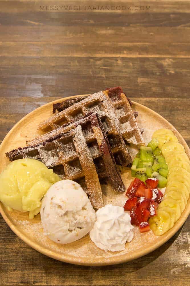 Mixed Waffles with Fruit and Ice Cream