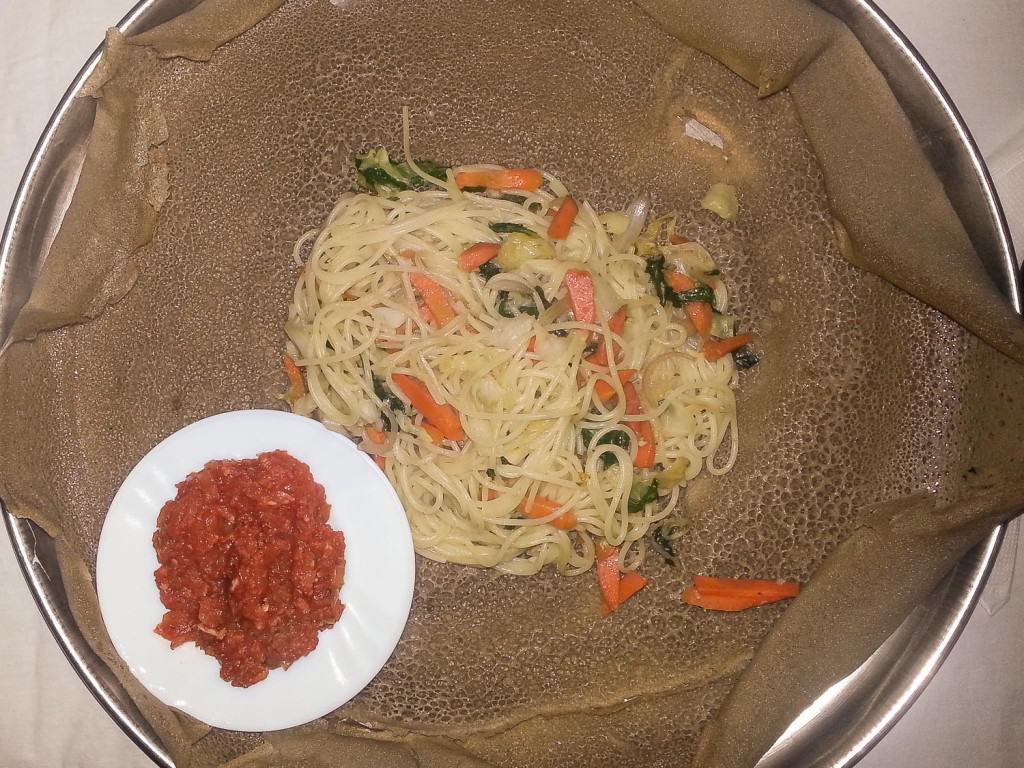 Spaghetti on Injera