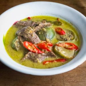 Vegan Thai green curry with eggplant and mock beef