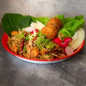 vegan yam naem khao tod fried rice salad
