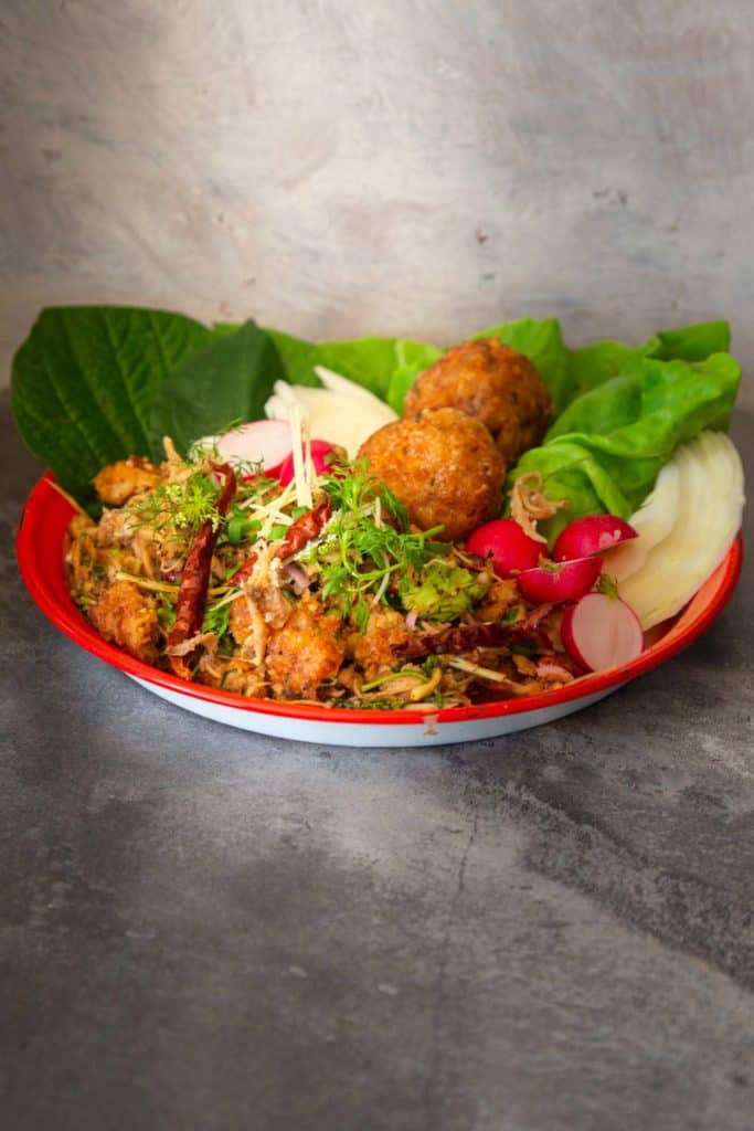 vegan yam naem khao tod fried rice salad