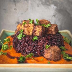 Black rice, smoked dukkah tofu, toasted coconut and tomato purée