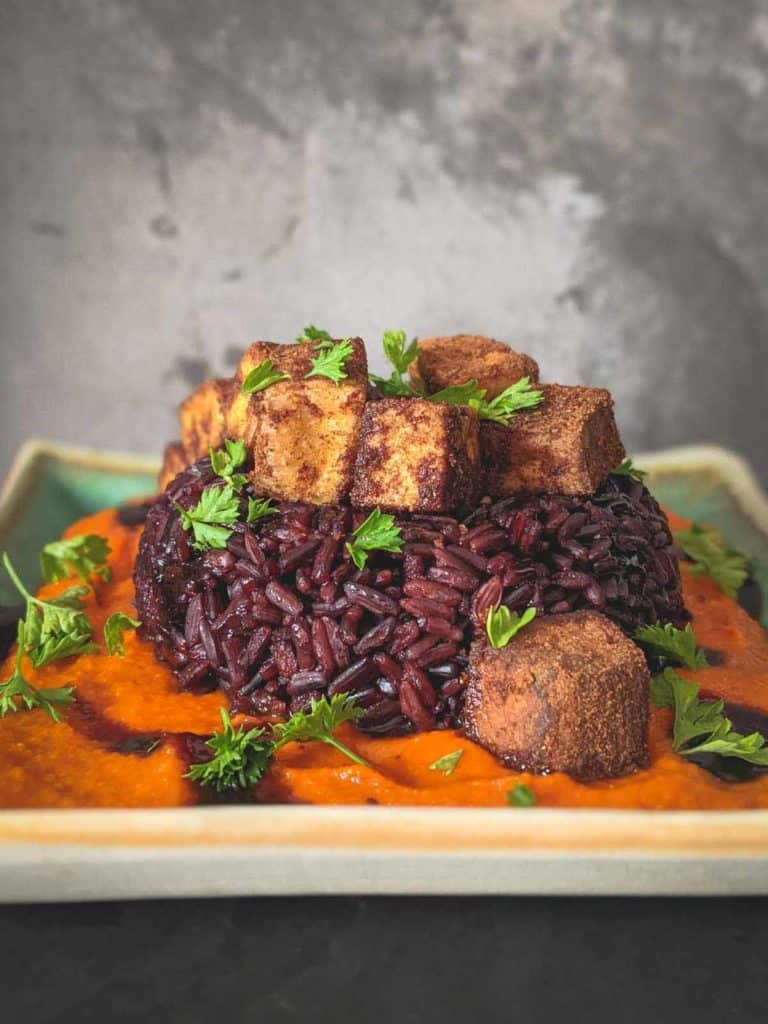 instant pot black rice with smoked tofu and coconut tomato purée