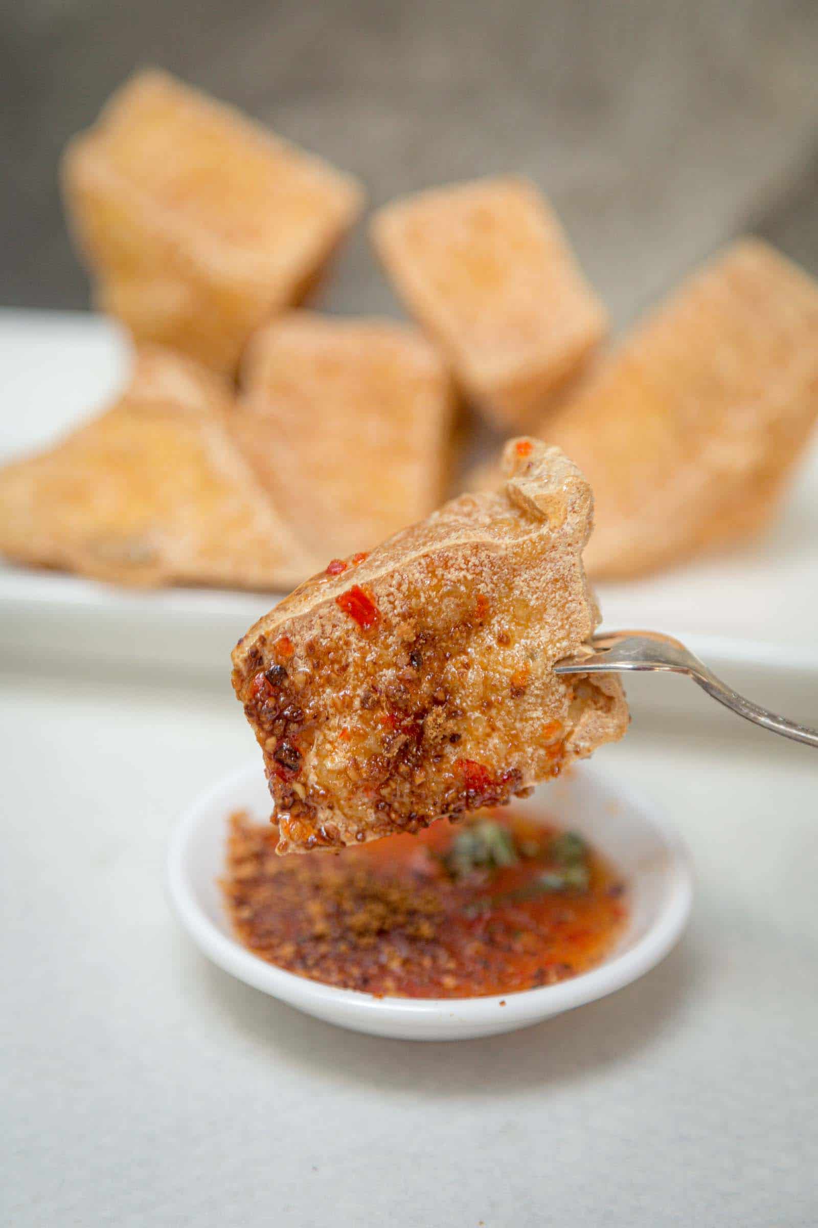 Thai fried tofu with sweet peanut dipping sauce - Messy Vegan Cook