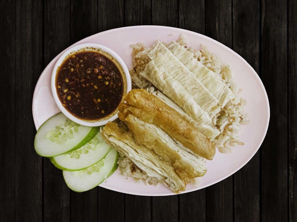 a combination of both steamed and fried yuba vegan chicken rice
