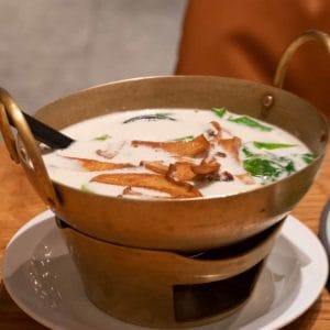 Sundried mushroom and coconut soup from Baan Ying Plant Based restaurant in Bangkok