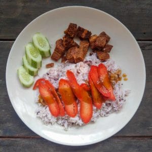 Khao moo daeng (roasted red pork rice) from So Vegan restaurant in Bangkok