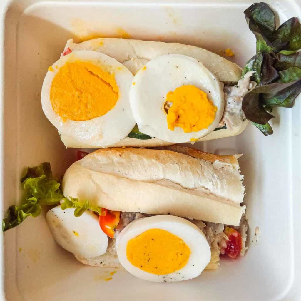 Vegan tuna and vegan hardboiled egg sandwich from Green and Sunny Vegan in Bangkok