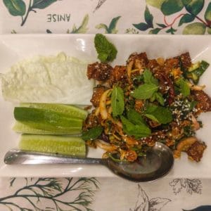 Fried Isaan style chicken salad from May Veggie Home in Bangkok